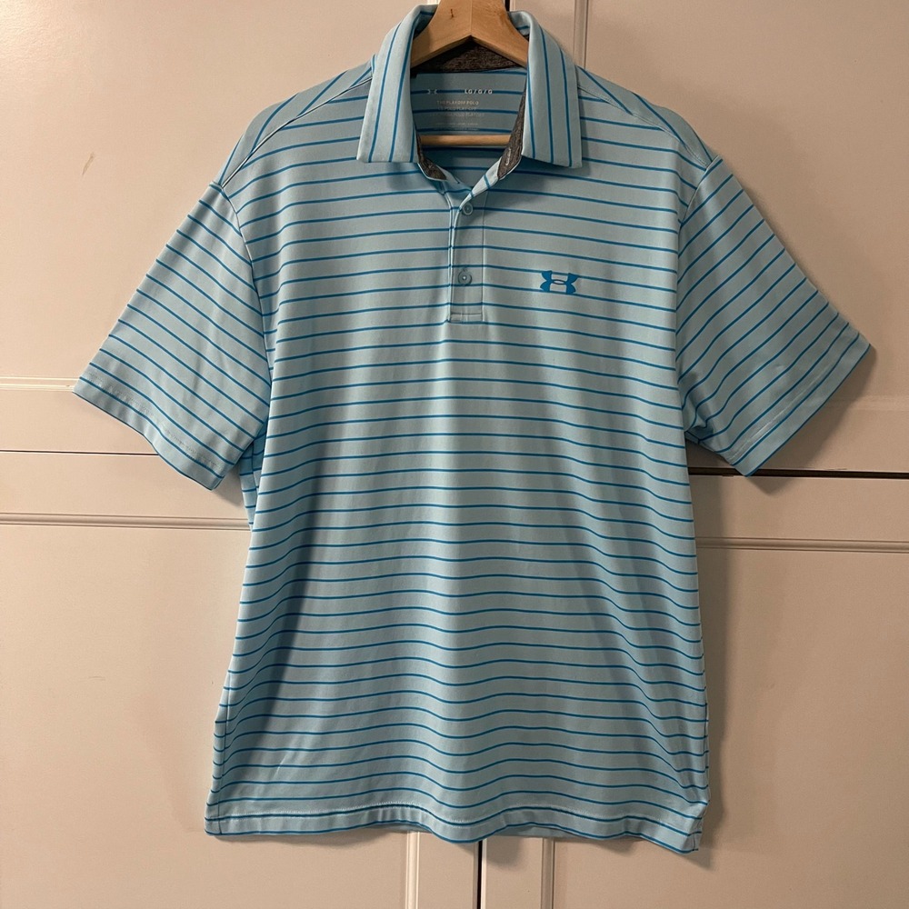 Under Armour Mens The Playoff Polo Shirt Light Blue Striped Short Sleeve Large